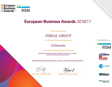 Inreal grupė paskelbta Nacionaline Nugalėtoja Europos verslo apdovanojimuose 2016/17