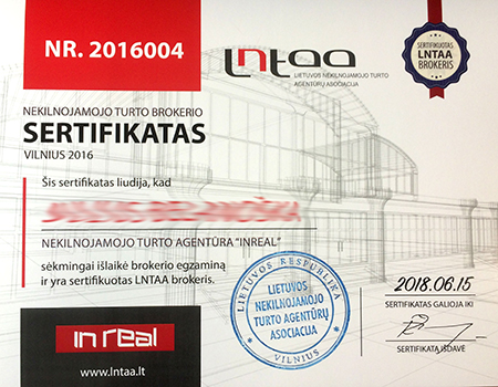 Inreal komercinio NT brokeriai – 100 proc. sertifikuoti